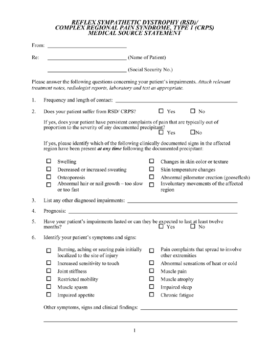 Complex Regional Pain Syndrome Medical Source Statement Complex Regional Pain Syndrome Medical Source Statement
